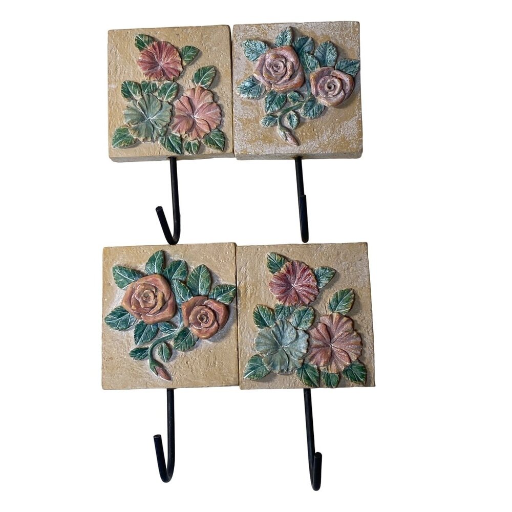 4 Nantucket Floral flower pink green  Hook 3D Wall Hang Decor Jewelry Key shabby